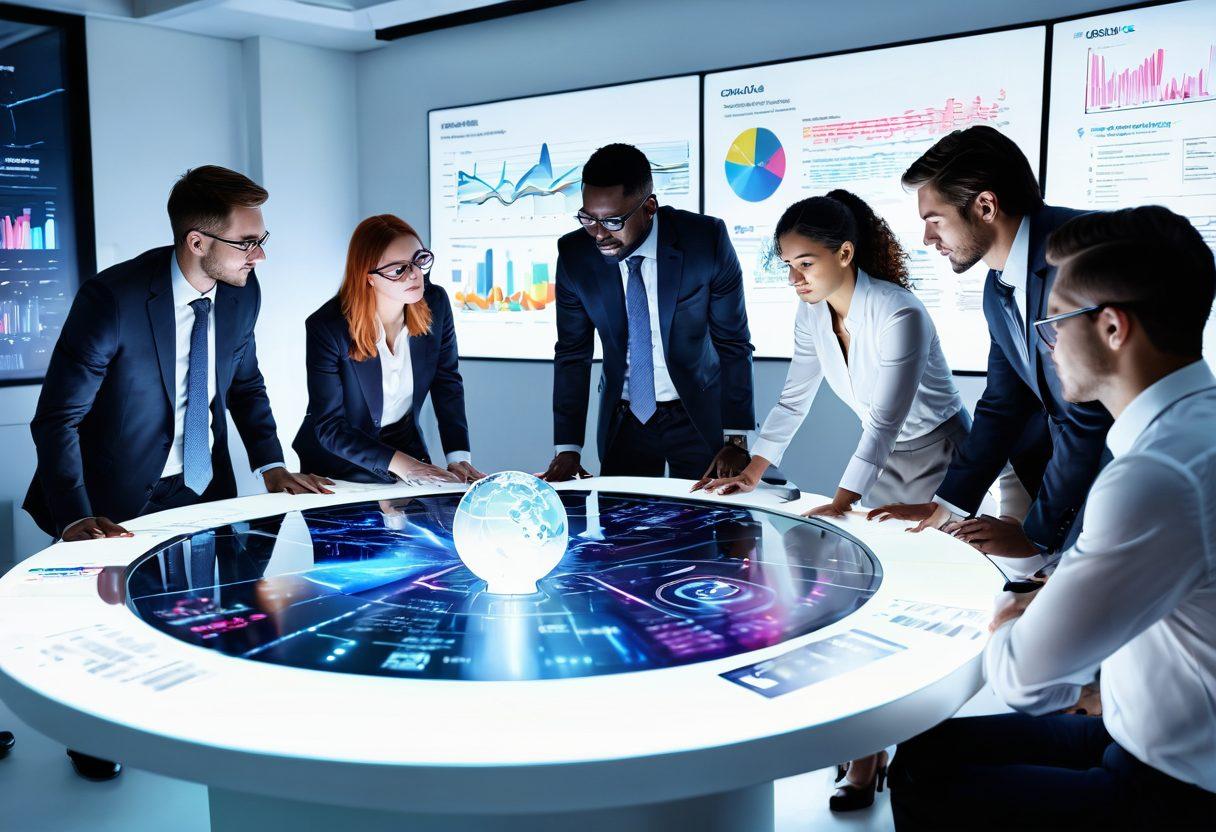 A dynamic office scene featuring diverse professionals brainstorming around a high-tech table with holographic displays showcasing innovative solutions. The background includes vibrant infographics and charts representing growth and transformation. Energy and collaboration emanate from the setting, symbolizing unlocking potential in business. super-realistic. vibrant colors. white background.