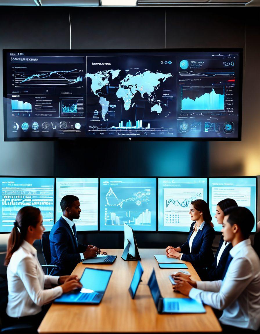 A dynamic business scene showcasing diverse professionals collaborating around a sleek conference table, surrounded by digital interfaces displaying graphs and analytics. A warm and inviting atmosphere with soft lighting highlighting the focus on teamwork and innovation. Incorporate elements of technology and support, such as friendly customer service avatars in the background and various aupiar solution icons floating around, emphasizing empowerment and growth. super-realistic. vibrant colors. modern design.